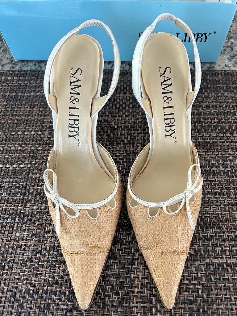 Sam & Libby "Luella" Woven Raffia Slingback Kitten Heels - Size 8m